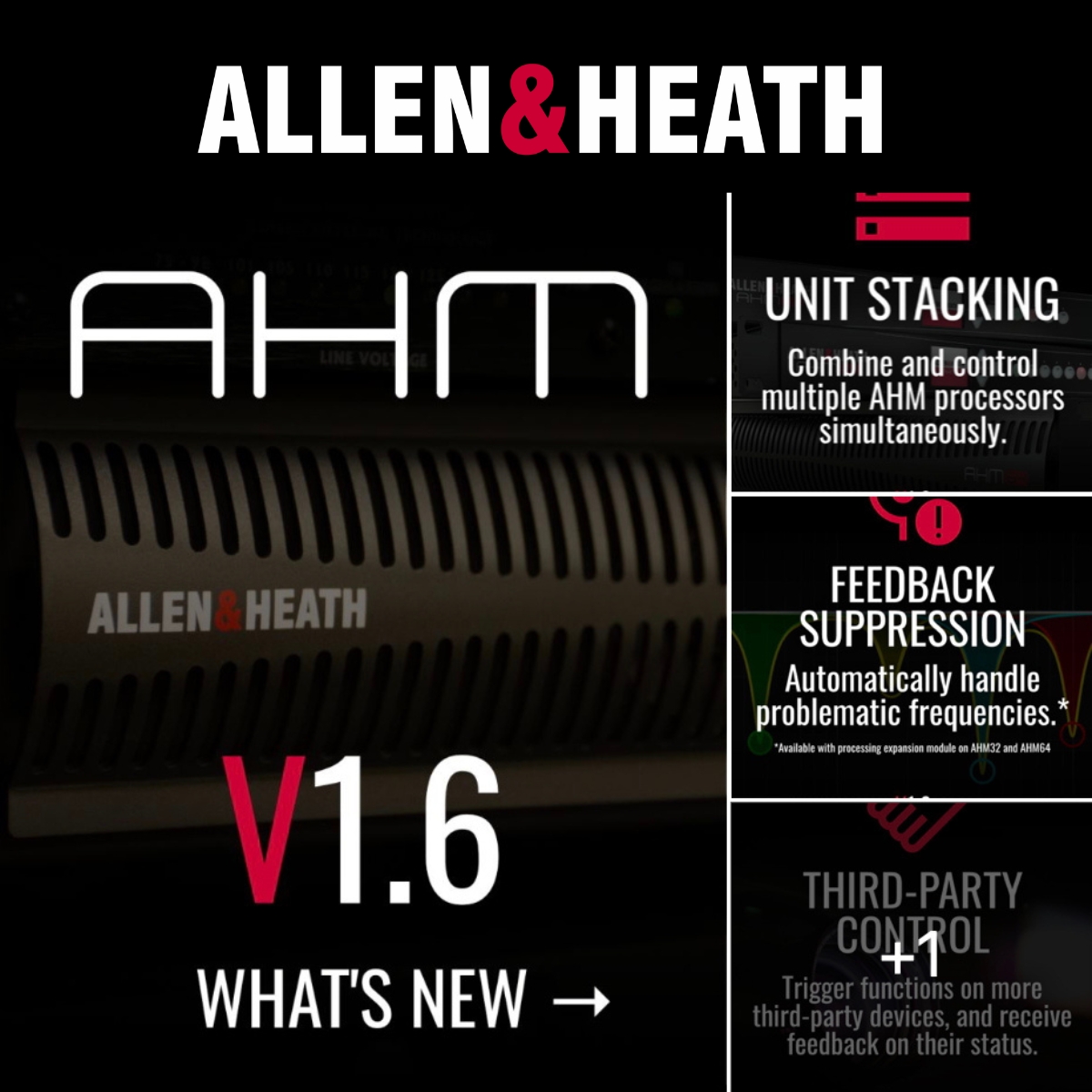 excellencemktg's tweet image. ALLEN & HEATH has announced AHM Series v1.6 firmware update, introducing unit stacking, feedback suppression, 3rd party control and a whole lot more.  Visit allen-heath.com/hardware/ahm/ for specifics. 
#ahmseries #firmwareupdate #ProAV #AVTweeps #AVexperts