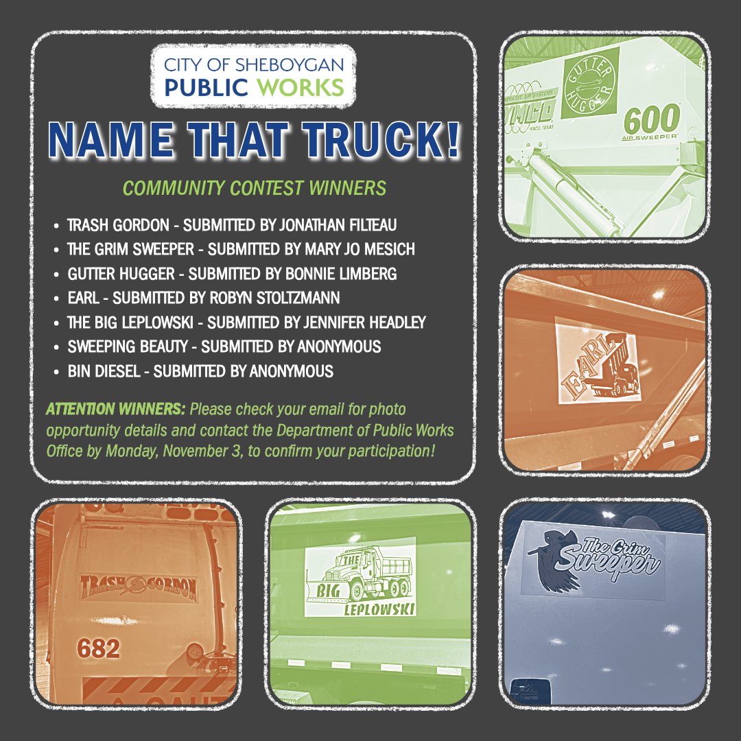 🚛 Attention “Name That Truck!” Winners! 🚛

Check your email for details about your photo opportunity with the truck featuring your winning name and confirm your participation by November 3, 2025. 💙

🔗 sheboygandpw.com/news-updates/a…

#SheboyganDPW #NameThatTruck #CommunityPride