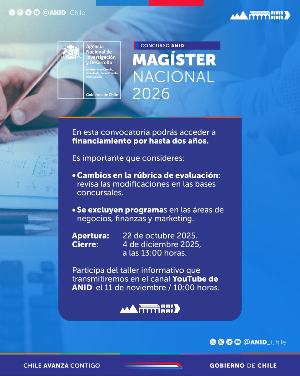 Invitamos a las personas interesadas en realizar un magíster en universidades chilenas, a postular a este concurso. El plazo máximo para presentar tus antecedentes es el 4 de diciembre de 2025, a las 13:00 horas. Más información en: anid.cl/concursos/beca…