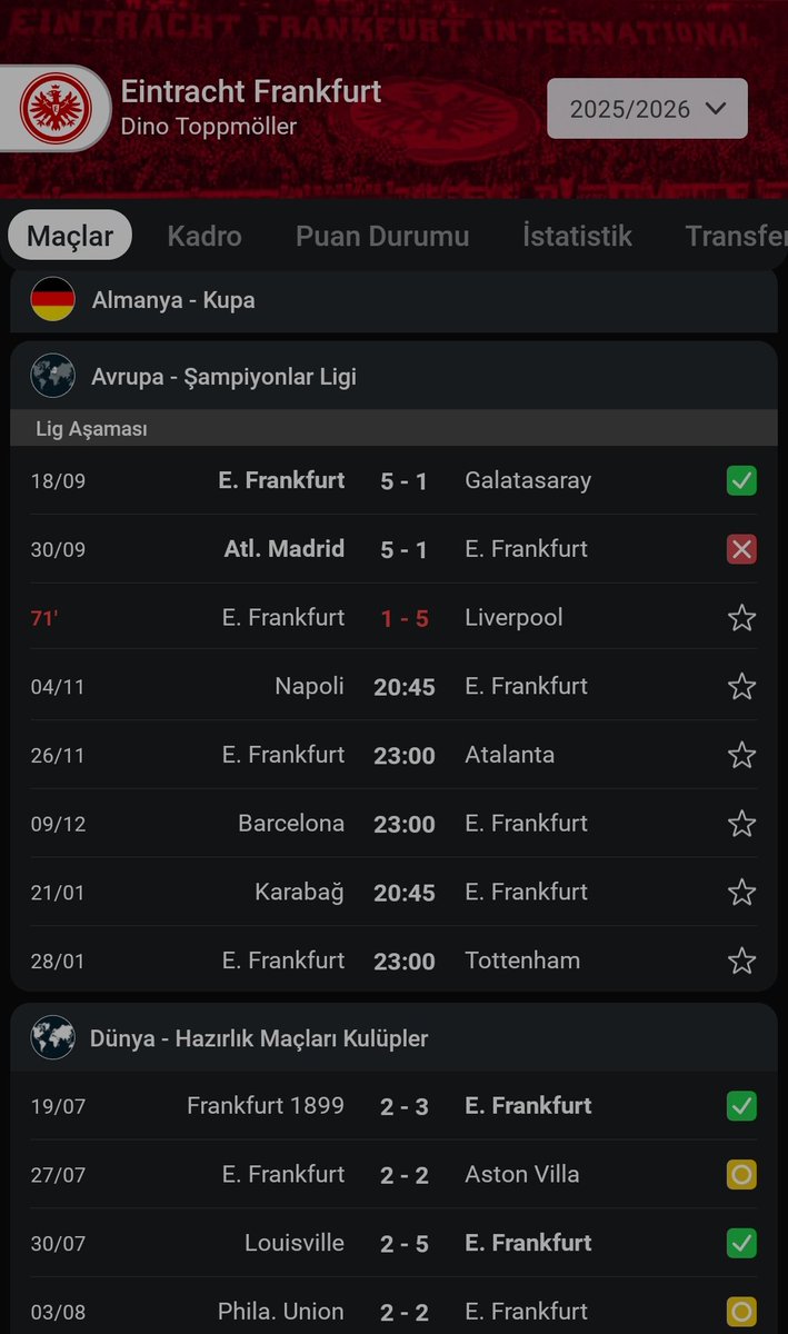 Şampiyonlar Ligi'nde Frankfurt Galatasaray'a karşı aldığı 5-1 ilk galibiyetinden sonra ikinci defa 5-1 lik skorla mağlubiyet aldı..
Kısacası Belasını Buldu..😂