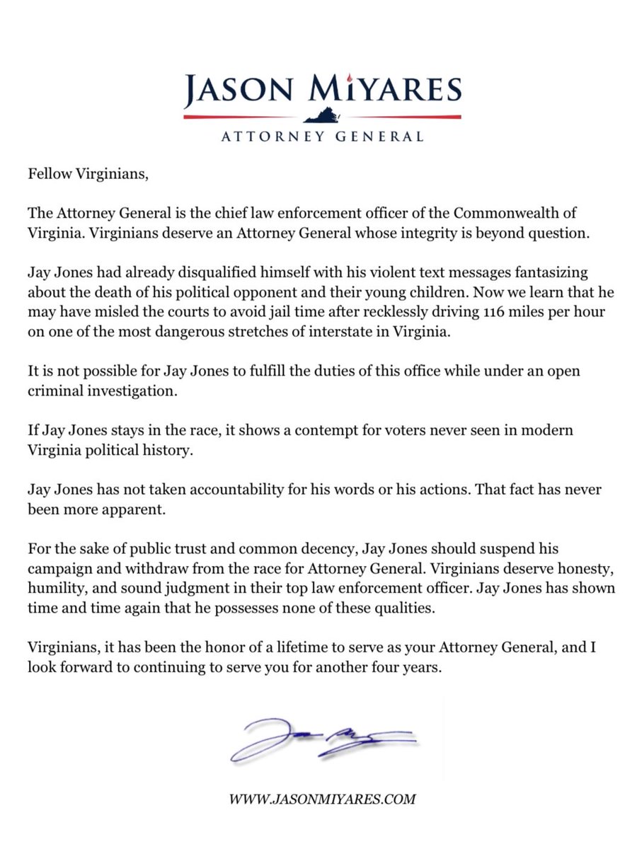 My response to the breaking news that <a href="/jonesjay/">Jay Jones</a> is reportedly under criminal investigation.