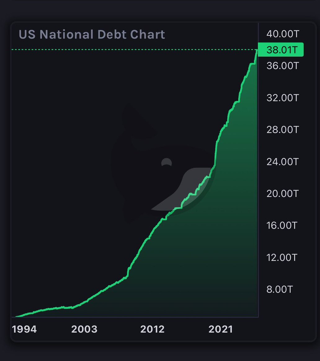 Crypto__Goku's tweet photo. 🇺🇸 La dette nationale américaine atteint un nouveau record historique de 38 000 milliards de dollars.

A titre de comparaison, elle était de :

🔹  4 900 milliards de dollars en Octobre 1995.

🔹  8 000 milliards de dollars en Octobre 2005.

🔹 18 100 milliards de dollars en Octobre 2015.