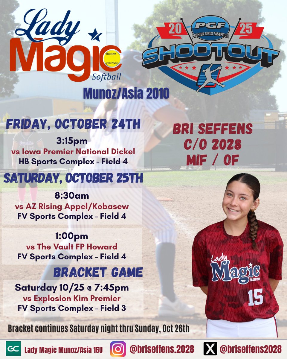 Looking forward to competing this weekend at the PGF Shootout in SoCal! ❤️🪄💙<a href="/LM_Munoz_Asia/">Lady Magic Munoz- Asia</a> <a href="/ondecksoftball/">OnDeck Softball 🥎</a> <a href="/ExtraInningSB/">EXTRA INNING SOFTBALL</a> <a href="/PrepSoftball/">Prep Softball 🥎</a> <a href="/LineDsoftball/">Line Drive Media</a> <a href="/SoftbalAmerica/">Softball America</a>