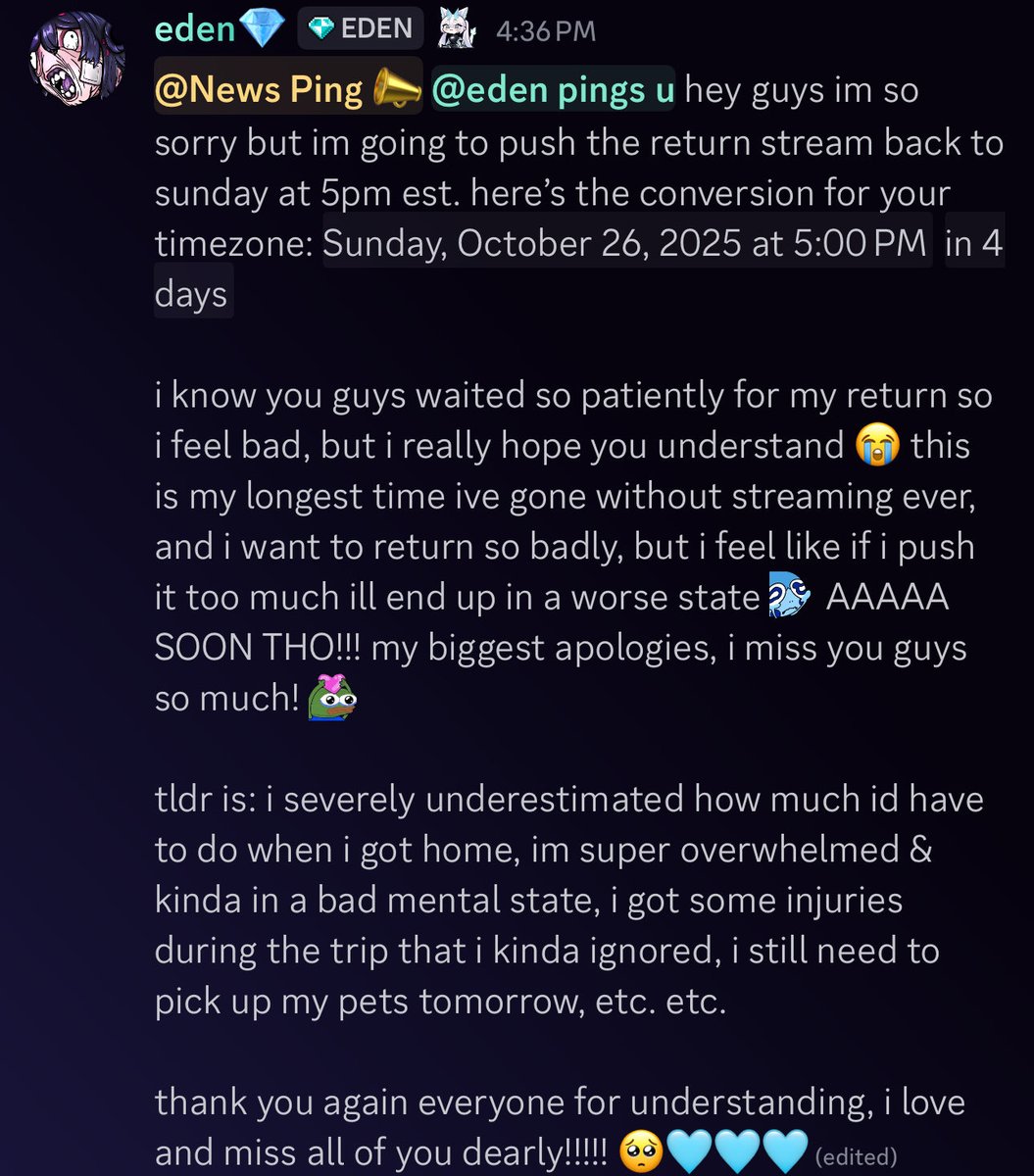 uhhh actually the return stream will be oct 26 at 5pm est im so sorry! don’t forget about me! 😭🩵