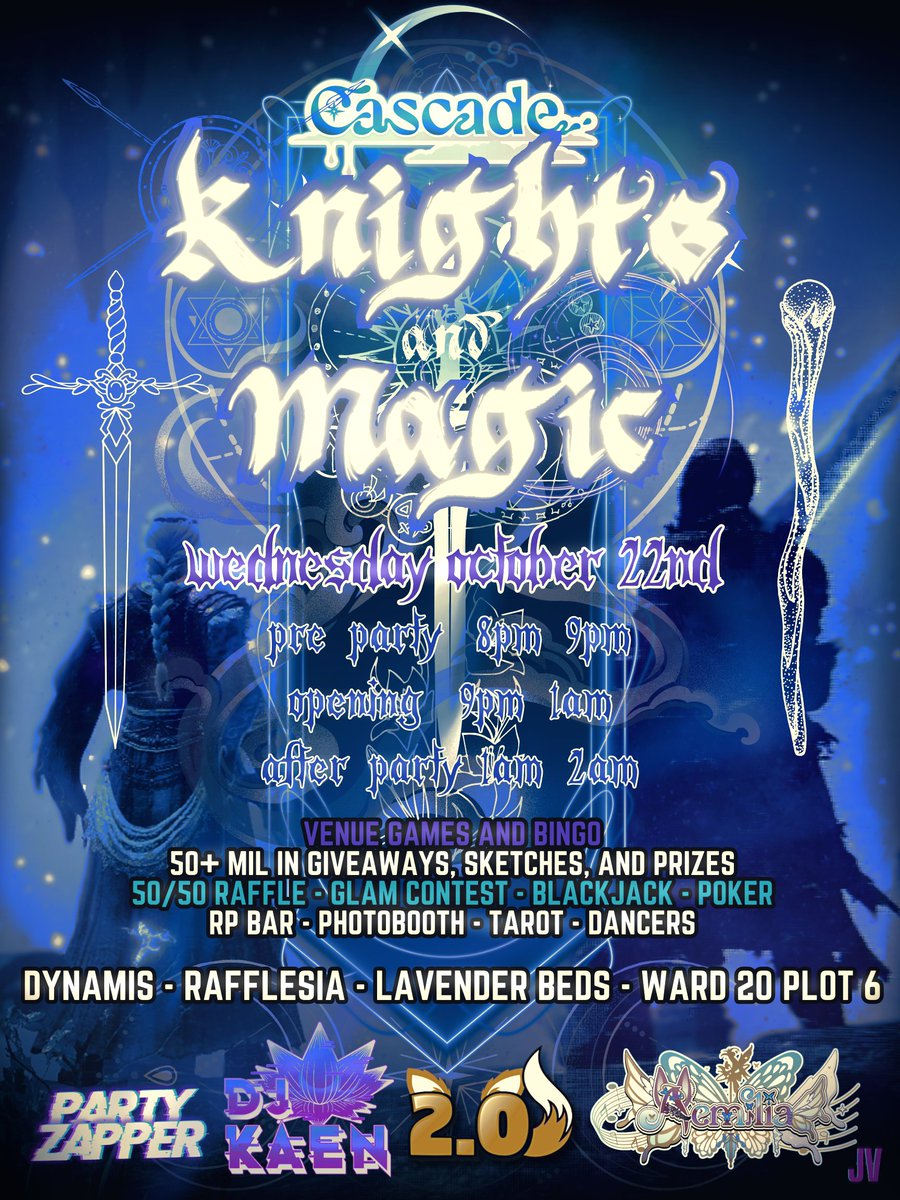 Cascade - *Knights &amp; Magic*

TONIGHT! 8:00pm-2:00am EST
Dynamis-Rafflesia-LB-W20-P6

- 50m+ in Art, Prizes &amp; Giveaways
- 25m+ Bingo
- Contests
- Photobooth
- Gamba
- Tarot
- RP Bar
- And more!!

#FFXIV 
Music: <a href="/PartyZapper/">PartyZapper</a>, <a href="/dj_kaen/">Kaen Hisokani</a>, <a href="/two_pointzero/">two pointzero</a> &amp; <a href="/AemiliaSatella/">Aemilia 🦋🎵 ➡️ Metamorphosis Complete…?</a>
Flyer: Jay Ve
