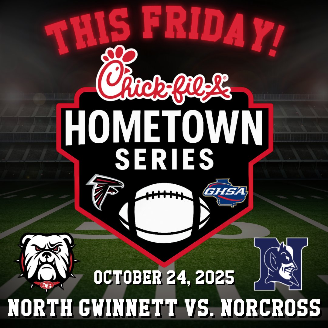 🔥 Week 10 of the Chick-Fil-A Hometown Series is HERE! 🔥

The Chick-fil-A Hometown Series lights up Norcross High as the Blue Devils battle the North Gwinnett Bulldogs under the Friday night lights! 🏈⚡️

🎉 The energy’s gonna be electric—and the Chick-fil-A Cow is in the house!