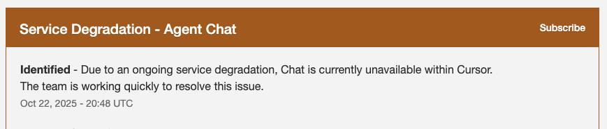 dominriq's tweet image. So we have to code on our own again because Cursor Chat is down??? BRO I CANT CODE ANYMORE ON MY OWN, JUST COME BACK ONLINE