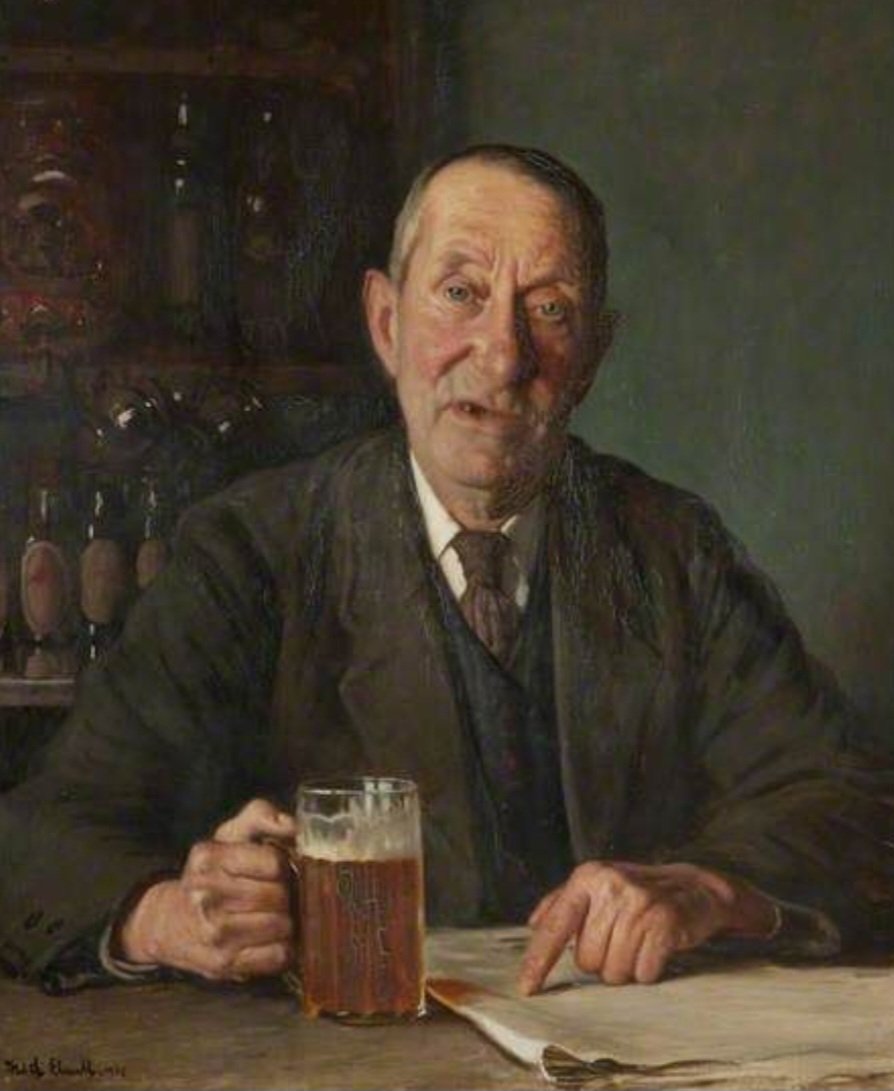 'A Man with a Pint,' (1932) is a winning characterization of a man familiar with the intimate narrative of pub life by Fred Elwell, a British figurative painter strongly influenced by the interior scenes of Walter Sickert.