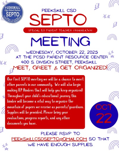 PeekskillCSD's tweet image. REMINDER: Peekskill CSD SEPTO will meet tonight, October 22 at 6:30PM at the Parent Resource Center, located at 400 S. Division St. This will be an introductory meeting and guests will have the opportunity to make IEP binders.