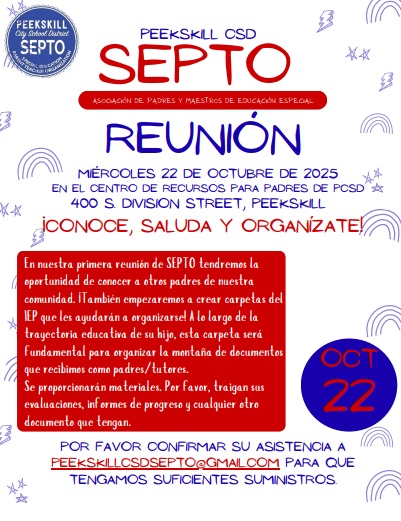 PeekskillCSD's tweet image. REMINDER: Peekskill CSD SEPTO will meet tonight, October 22 at 6:30PM at the Parent Resource Center, located at 400 S. Division St. This will be an introductory meeting and guests will have the opportunity to make IEP binders.