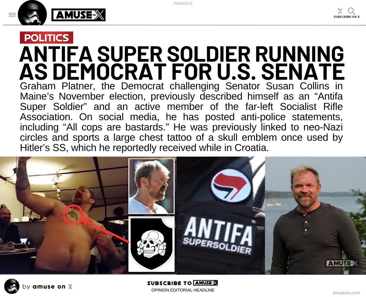 ANTIFA: Leave it to the Democrats to find a Senate candidate so offensive that he makes Senator Susan Collins look like a the best option. Graham Platner was a neo-Nazi before he became an Antifa Super Soldier and a member of the Socialist Rifle Association chanting foul slogans