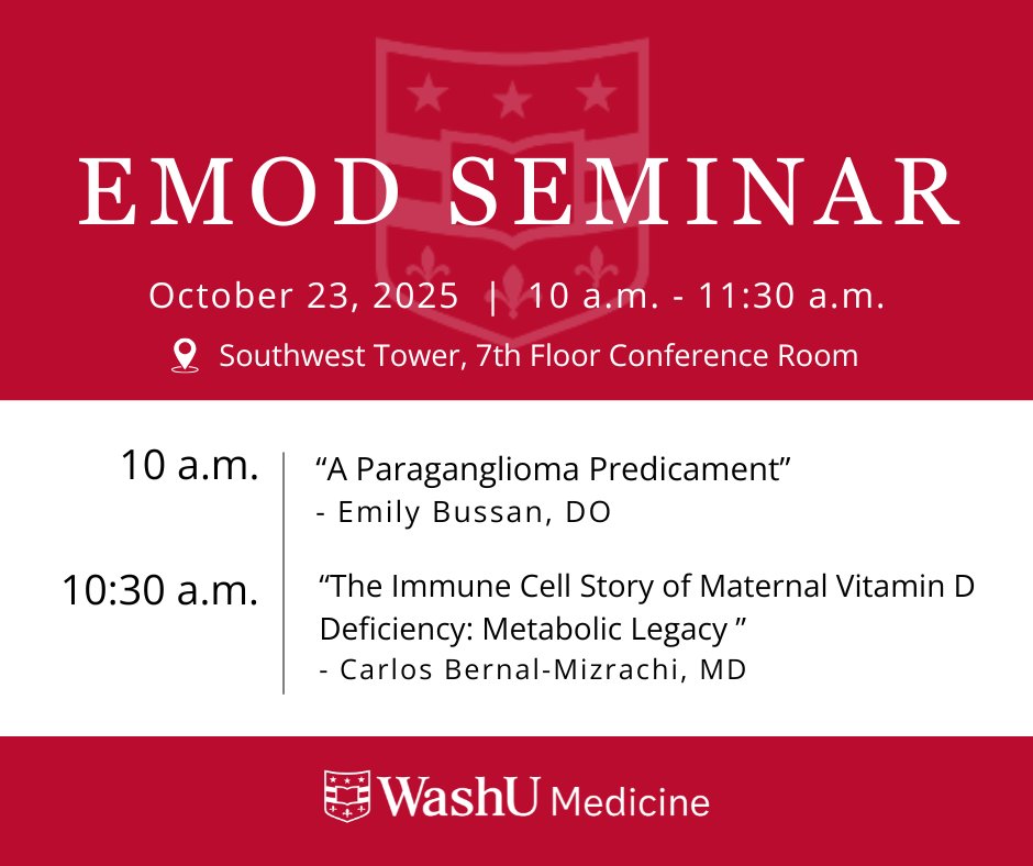 Join us tomorrow, October 23 at 10am for the Endocrinology, Metabolism, Obesity and Diabetes Seminar to see presentations by Emily Bussan, DO and Carlos Bernal-Mizrachi, MD: bit.ly/3qZZmsZ. #WashUMed