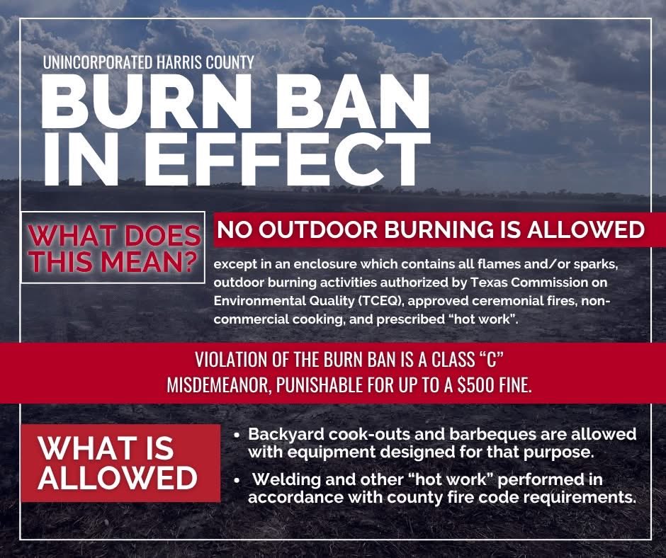 Springfdtx's tweet image. A Burn Ban Is In Effect!
Most outdoor burning is banned in our area.
Backyard cook-outs and barbeques are allowed in equipment designed for that purpose. Welding and other “hot work” can be performed in accordance with county fire code requirements.
Violating the burn ban is a…