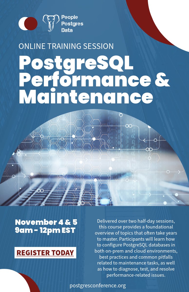 PostgreSQL running slower than it should? 

Join <a href="/cmdpromptinc/">Command Prompt, Inc.</a> DBA Greg Dostatni and Learn configuration, diagnostics, and maintenance strategies in this 2-day workshop hosted by <a href="/PostgresWorld/">PostgresWorld</a> 

Nov 4-5 | 9 am-12 pm ET | $299

Register at:
postgresconf.org/conferences/20…

#Postgres