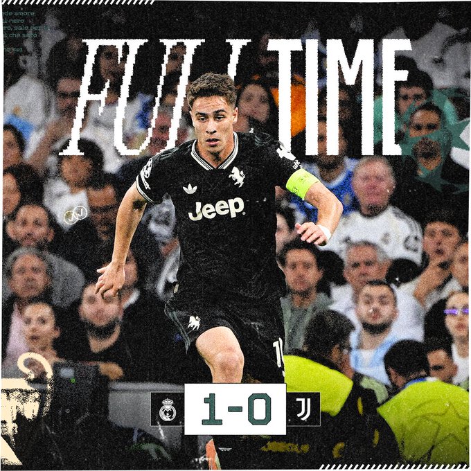 Graphic with bold white text FULL TIME at top, Weston McKennie in black Juventus away kit with white accents, number 10 on back, captain armband on left arm, running forward with right arm extended and left arm bent, focused expression, stadium crowd in background with green and white sections, score overlay 1-0 with Real Madrid logo left and Juventus logo right.