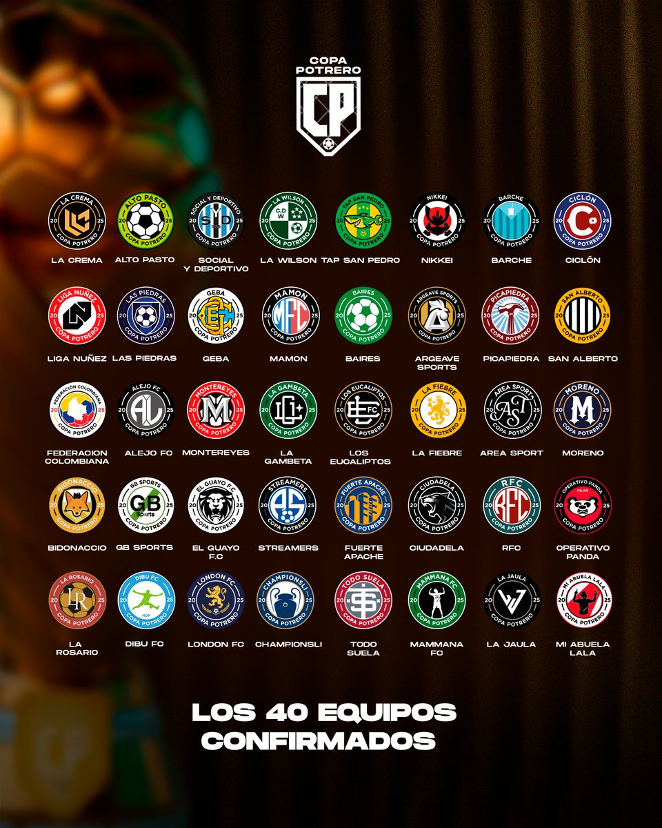 ¡Confirmados los 40 equipos! ⚽

La Copa Potrero ya tiene a todos sus protagonistas para la segunda edición del torneo.

Del 14 al 23 de noviembre, viví el mejor fútbol y la pasión del potrero como nunca 🔥