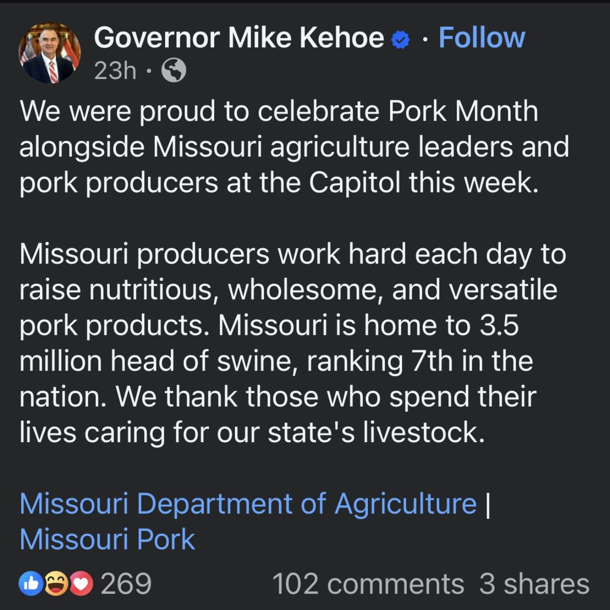 Republican Tariffs are gutting Missouri’s pork industry, but they still get used as a prop in a photo op. SMH