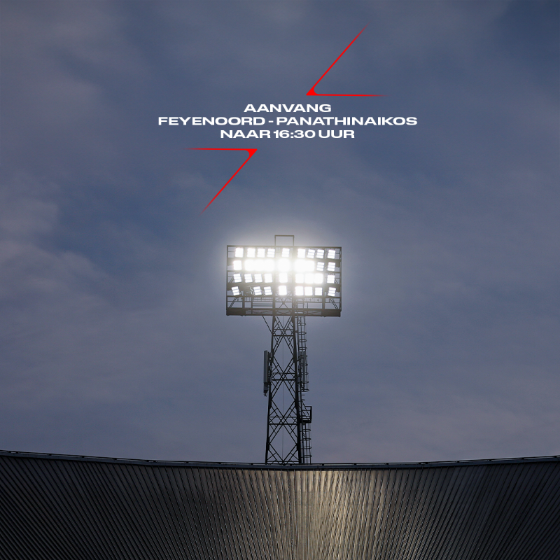 Feyenoord's tweet photo. Feyenoord - Panathinaikos wordt vervroegd naar 16:30 uur. Dit gebeurt op last van de autoriteiten, vanwege het extreme weer dat voor morgenavond wordt verwacht.