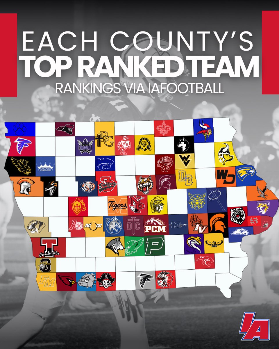 🗺️ WE'VE GOT THE MAP 🗺️

Another week, another look at the highest-ranked IAfootball team in each county!

*These are based on our rankings, not the IHSAA ones*

#IAfootball X #iahsfb