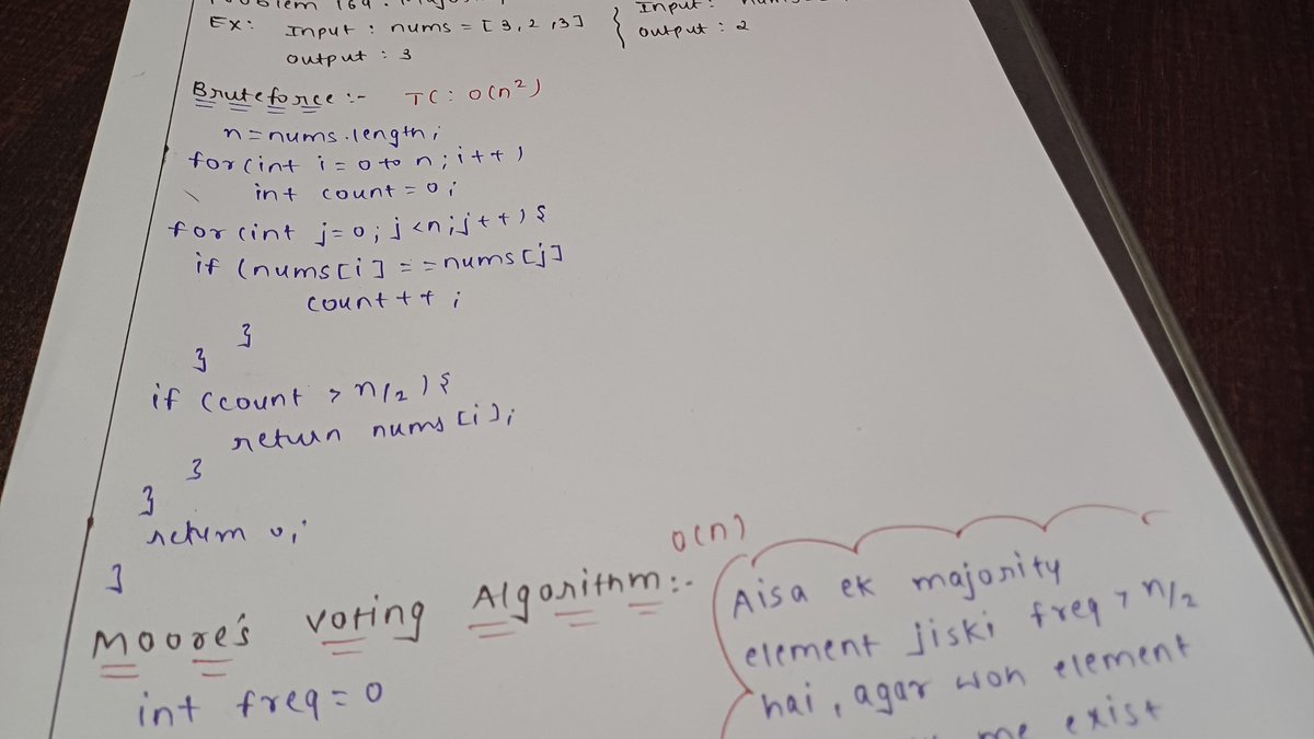 VivekVerma18_'s tweet image. Day 6 #120DaysGrind 
In web dev : I learn some other array operations like slice,splice,concat,reverse and some prac que from apna college
In leetcode : solve problem 169 majority element first i did brute force nd then learn boyer moore's voting algorithm which has better TC.