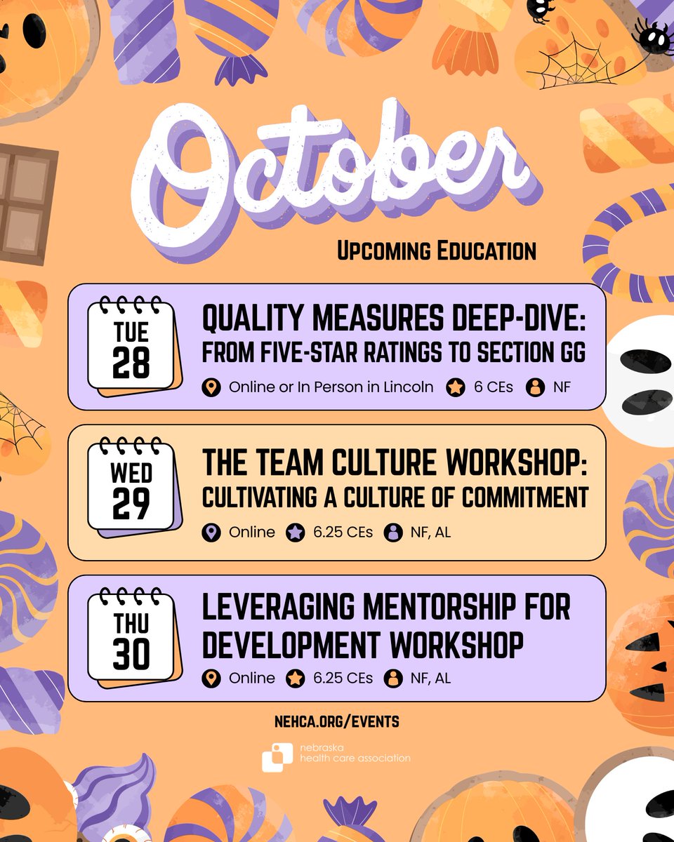 No tricks! — Don't miss upcoming education next week. 🎃👻 

Quality Measures Deep-Dive: From Five-Star Ratings to Section GG | Register: nehca.org/NEHCA/Events/E… 

The Team Culture Workshop &amp; Leveraging Mentorship for Development Workshop | Register: nehca.org/NEHCA/Events/E…