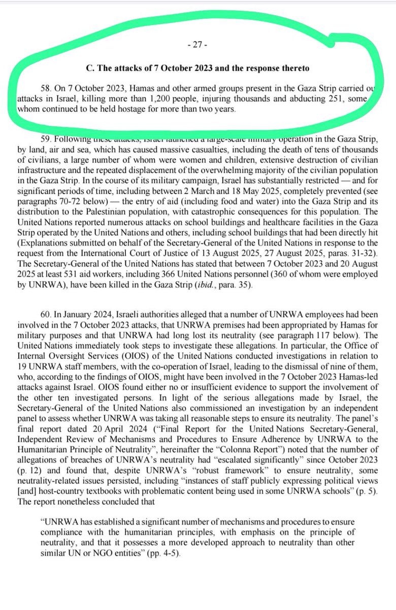 Document page from a legal report with green highlight on text reading C. The attacks of 7 October 2023 and the response thereto followed by details on the massacre including over 1200 killed over 250 abducted and subsequent military actions by Israel against Hamas in Gaza with mentions of investigations by the International Court of Justice in sessions from July to August 2024 and UNRWA staff involvement in the events