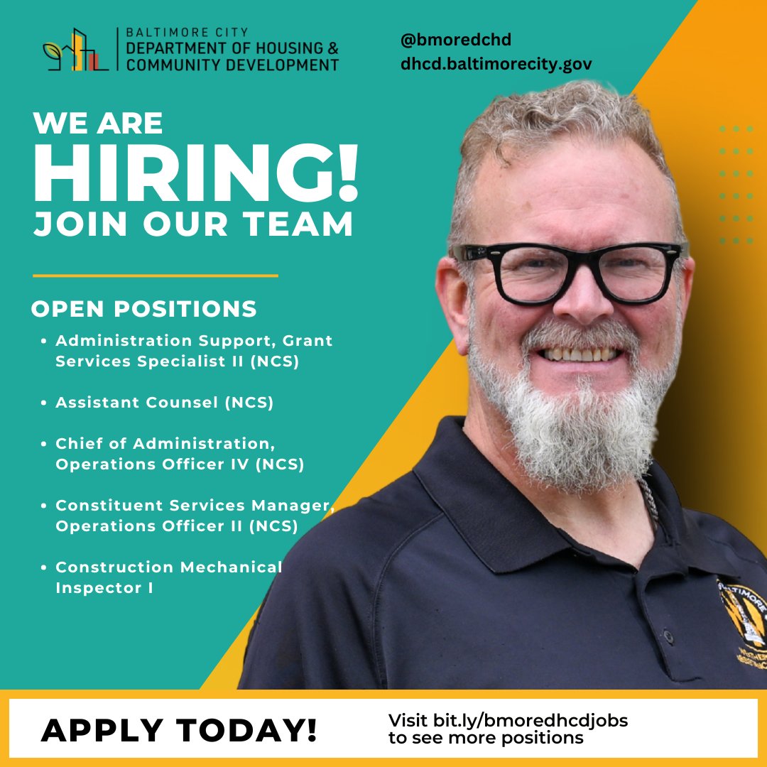 Calling all change-makers: Baltimore DHCD is hiring for multiple positions! If you're ready to lead bold, transformative housing work in our city, this is your moment.

👉 Apply today: bit.ly/bmoredhcdjobs

cc: <a href="/JobsBaltimore_/">Baltimore Jobs & Resources (MOED)</a>