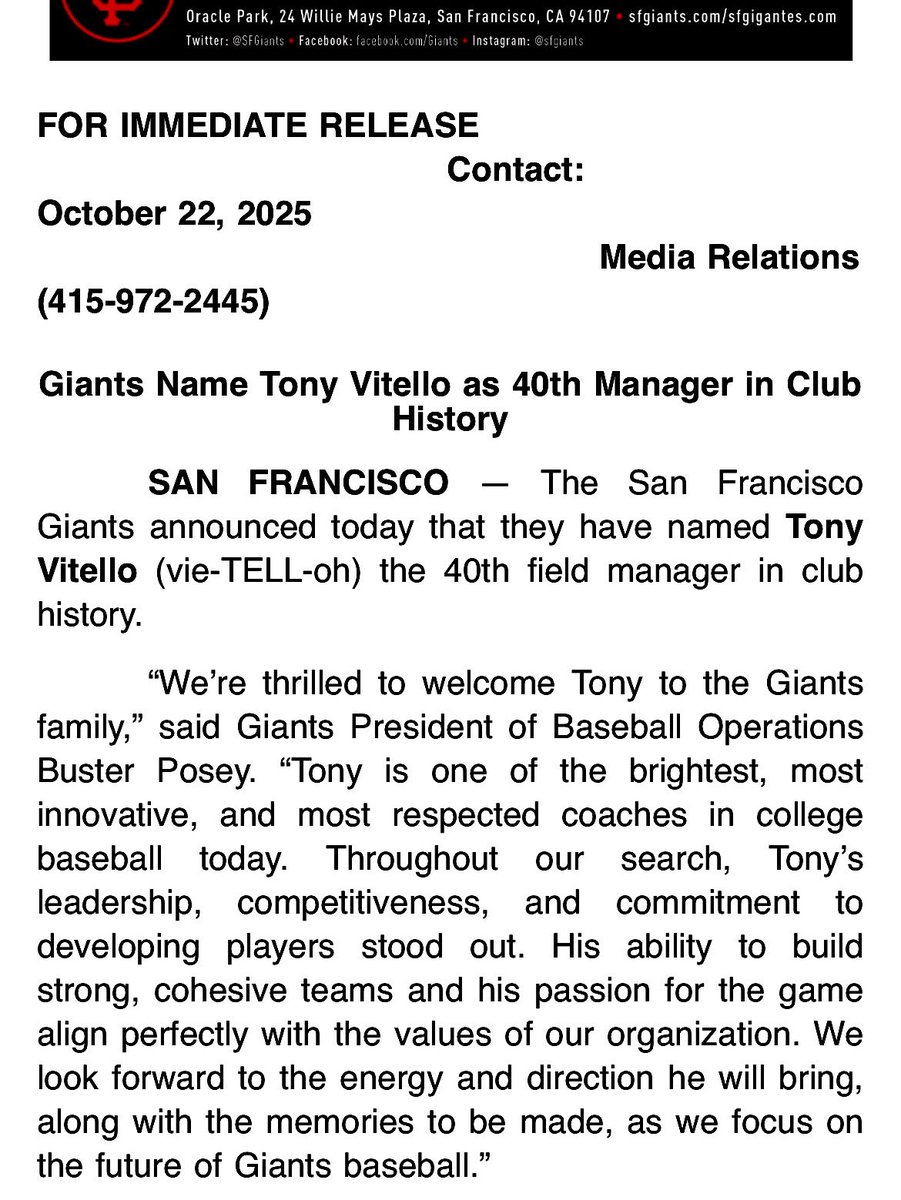 The SF Giants Tony Vitello era has begun. <a href="/SFGiants/">SFGiants</a> #TonyVitello