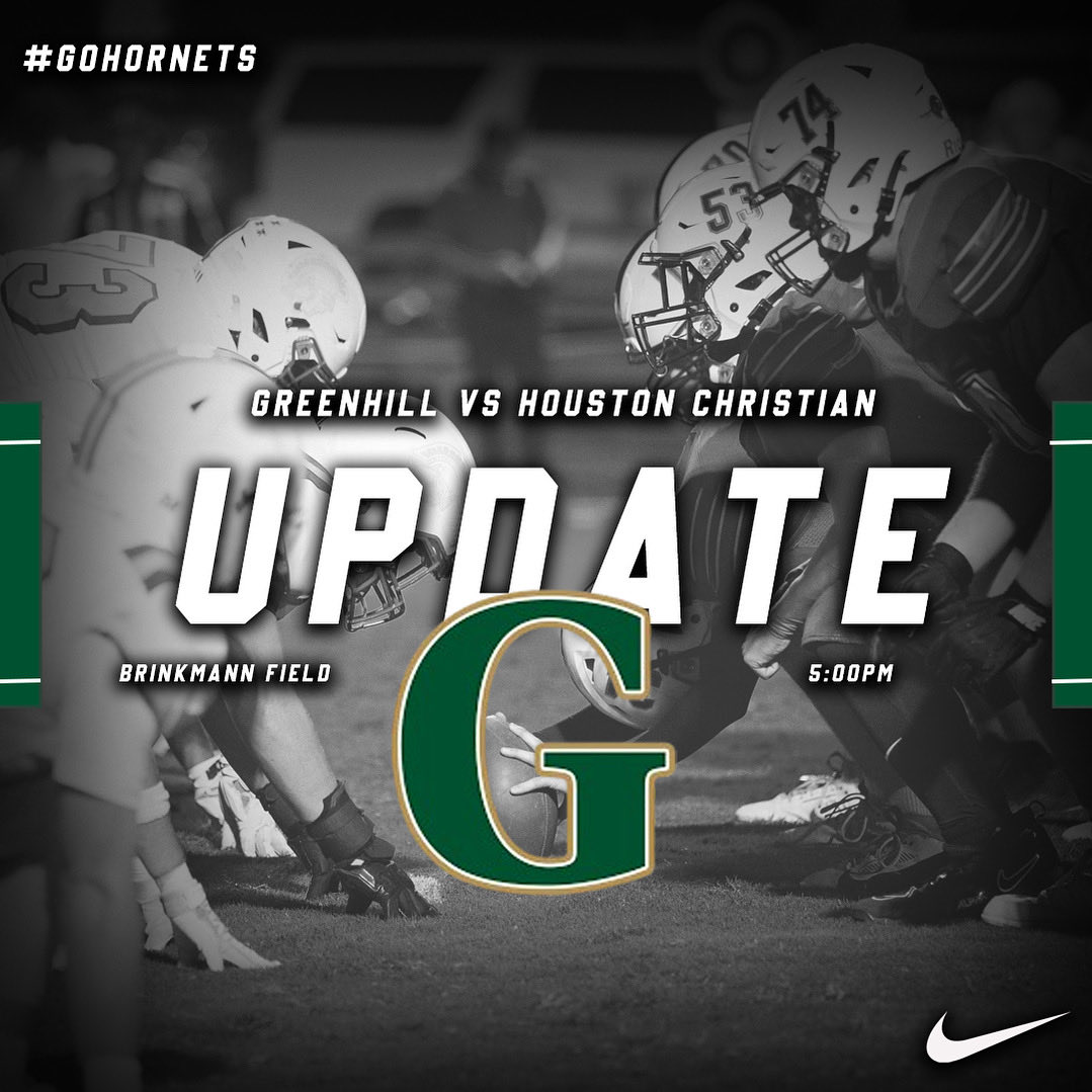 🚨UPDATE🚨
Due to expected weather, Friday night’s Homecoming football game against Houston Christian has been moved up to a 5:00pm kickoff. 

📍: Please enter through 4144 Hornets Road for parking and other Homecoming festivities. 

Thank you for your understanding. 

GO HORNETS