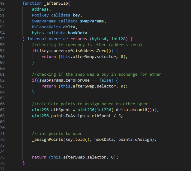 _code_dreamer's tweet image. Built my first Uniswap v4 hook — PointsHook 🎯
It rewards users with ERC1155 points whenever they swap using ETH — turning swaps into a mini reward system.
Code’s ready, can’t wait to test it next session 👨‍💻
#Uniswap #DeFi #UHI7 #Web3 #atriumacademy