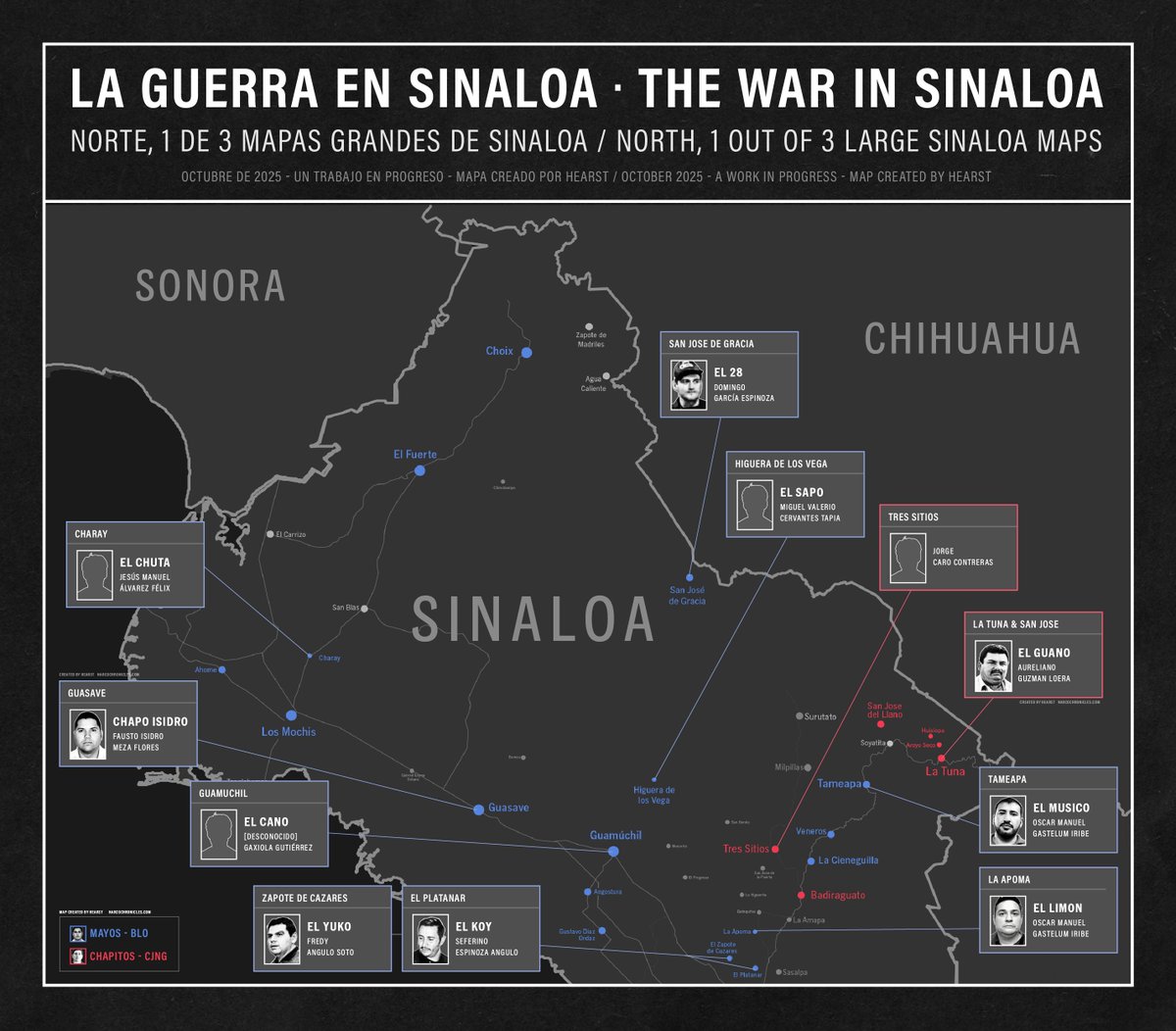 HEARST_BB's tweet image. Mapa de la Guerra del Cártel de Sinaloa – Octubre de 2025 – Trabajo en Progreso
Nota: La ubicación indicada corresponde a la base de operaciones del integrante del cártel, no al único lugar donde ejerce control o realiza actividades.
Sinaloa Cartel War Map - October 2025 - A…