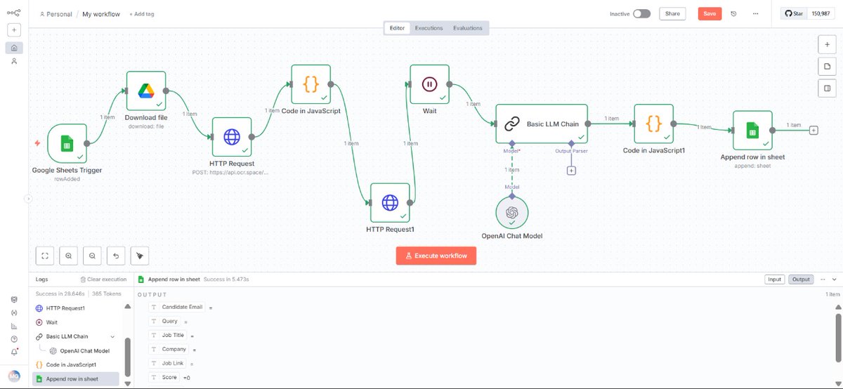 AntorCore's tweet image. Just built this 🔥 n8n workflow for job hunting:
- New candidate in Sheets? Boom → grabs resume 
- OCR.space pulls the text 
- OpenAI scores how perfect the fit is
- Done! Scored row back in Sheets
28s flat. 
Who&apos;s automating their hunt next? DM for nodes!