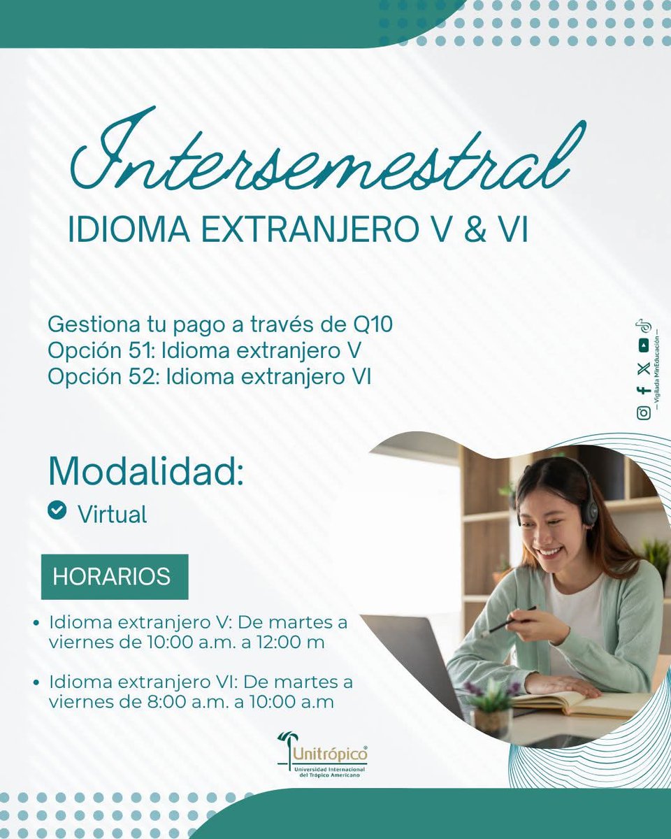 📢 ¡Atención estudiantes!
¿Quieres avanzar en tu formación en idiomas?

Ya está aprobada la oferta de cursos intersemestrales de Idioma Extranjero V y VI

💻Modalidad: Virtual
💰Costo: $427.000
📅Fechas de pago: 24 al 30 de octubre
📍Inscripción mínima: 15 estudiantes por curso