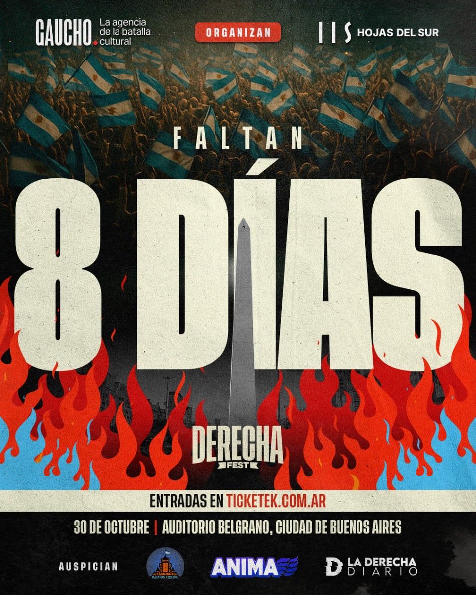 8 DÍAS!!!

Oradores: <a href="/tipitoenojado/">Tipito Enojado</a> <a href="/AgustinLaje/">Agustín Laje</a> <a href="/NickyMarquez1/">Nicolás Márquez</a> <a href="/marianoperez912/">Mariano Pérez</a> <a href="/BalleriniOK/">Gabriel Ballerini</a> <a href="/Rigoberto_Aris/">Rigoberto Hidalgo</a> <a href="/javiernegre10/">Javier Negre</a> 

Participación especial @patobullrich 

Conducen: <a href="/lilialemoine/">Lilia Lemoine 🍋</a> @mateconmote 

Organizan: <a href="/hojasdelsur/">Hojas del Sur</a> @gauchoestudio

Entradas: ticketek.com.ar/derecha-fest/a…