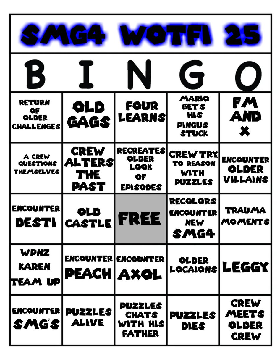 I made a bingo card for #SMG4 WOTFI, 
(idk if anyone's gonna use them tho)