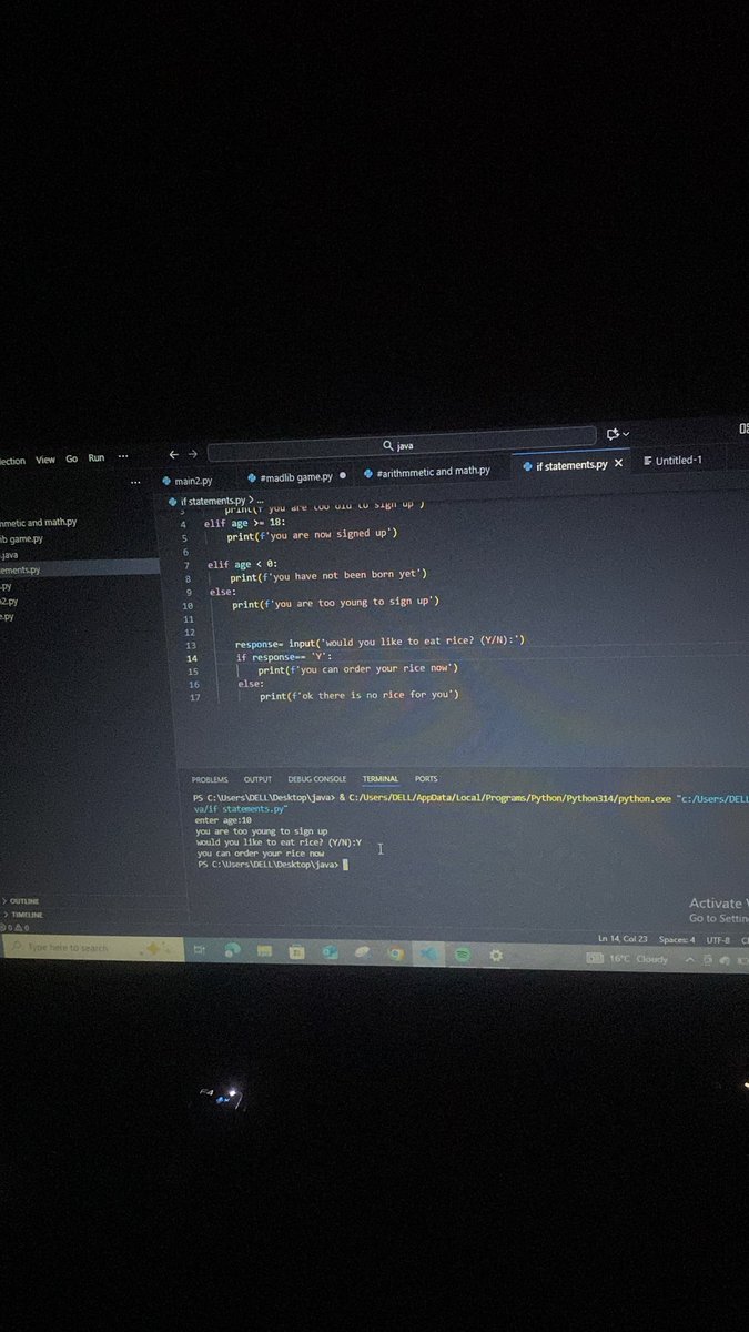 YANGIIboss's tweet image. Day 6 of #100DaysOfCode
Today I started and finished IF statements and also watched a tutorial on how to code a simple python calculator, but didn’t practically work on it because my PC was kinda low, we go again tomorrow.