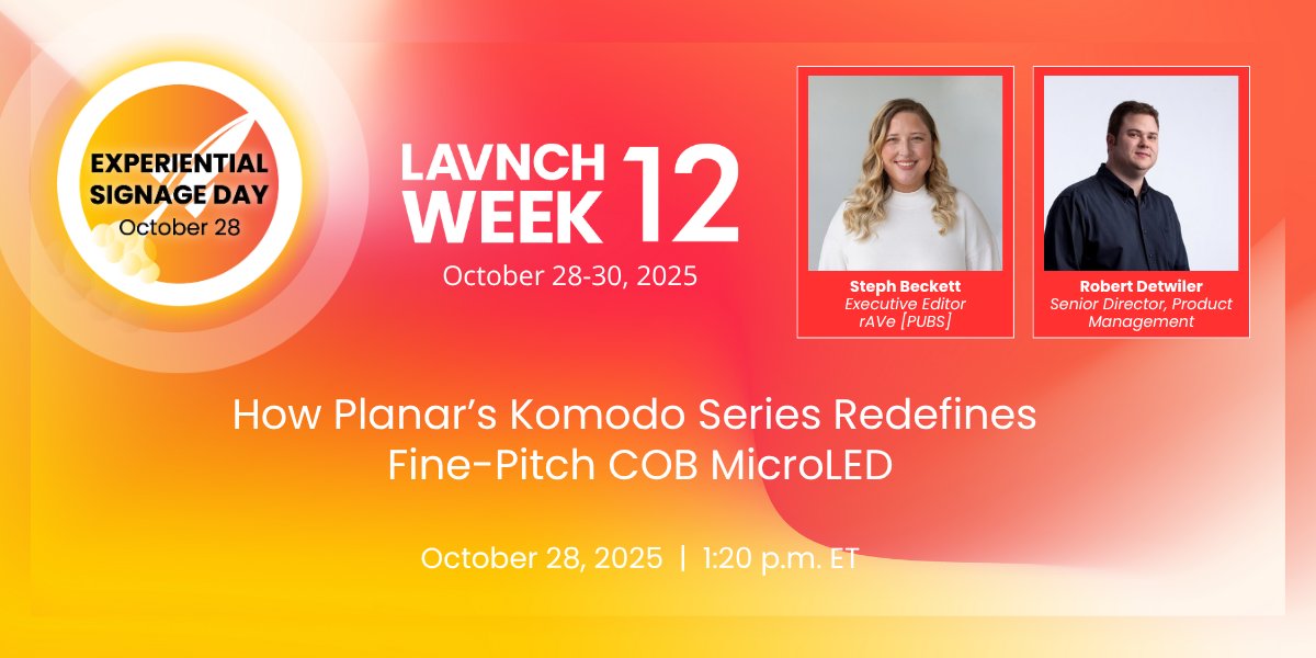 rAVePubs's tweet image. See how @planarsystems is redefining fine-pitch #MicroLED.

During Experiential Signage Day at #LAVNCHweek 12, the Komodo Series takes center stage with 8K support, HELIOS LED processing and a live demo of next-gen display innovation.

Register: lavnch.com/lavnch-week/la…

#AVtweeps