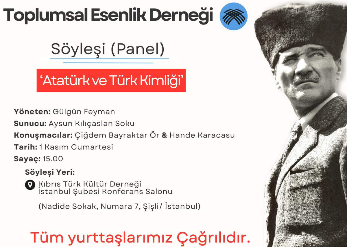 1 Kasım Cumartesi Günü 
Bir araya gelelim. Kimliğimizi savunalım. <a href="/GFeyman/">Gülgûn FEYMAN</a> <a href="/BayraktarOr/">Çiğdem Bayraktar Ör, Dr.</a> <a href="/KaracasuHande/">🕊Hande Karacasu</a> <a href="/AysunSoku/">Aysun Kilicaslan Soku</a>