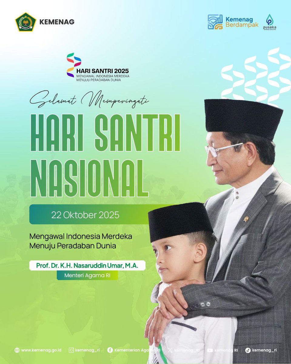 Kemenag_RI's tweet image. Selamat Hari Santri Nasional, 22 Oktober 2025!

Tema: "Mengawal Indonesia Merdeka Menuju Peradaban Dunia".

Santri adalah penjaga nilai bangsa &amp;amp; agen transformasi global. Teruslah berkarya!

#HariSantri2025 #Santri #KemenagRI