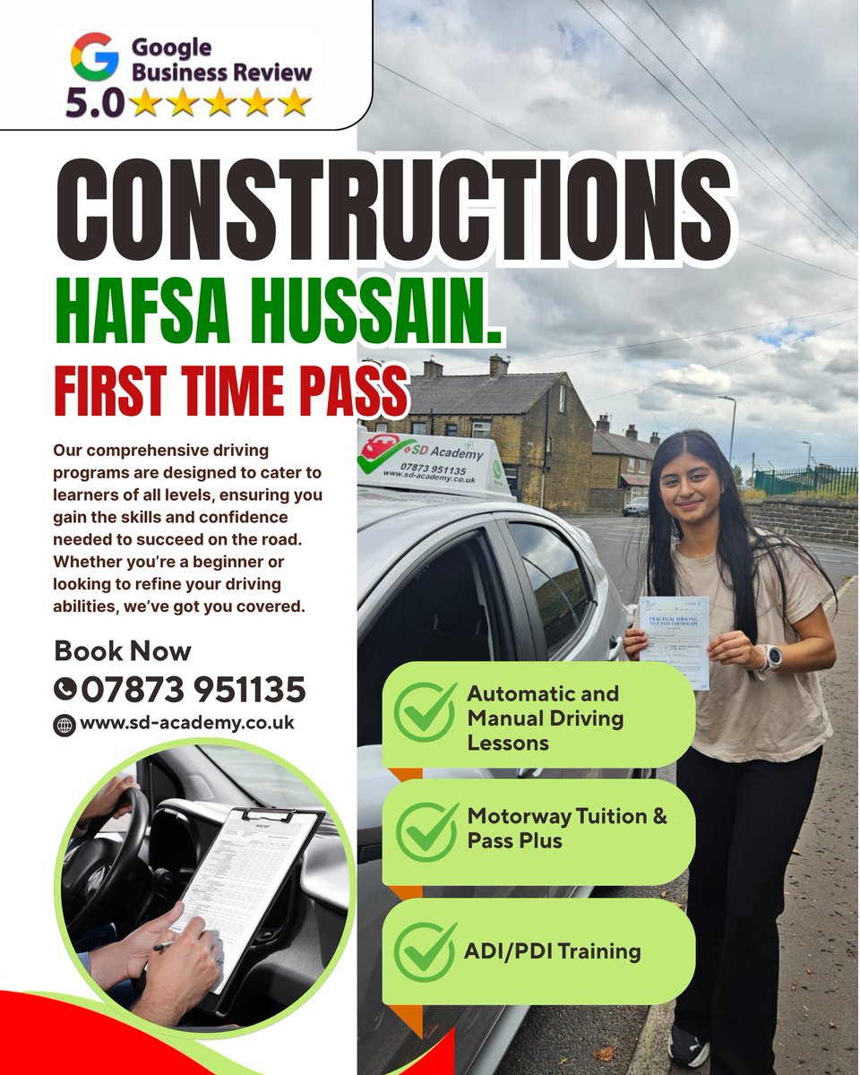 SDAcademy23869's tweet image. Congratulations 🎊 Hafsa Hussain. First time pass
Get in Touch Today
Ready to take the next step? Contact us to book your lessons or learn more about our programs:
📞 Call/Text: 07873 951135
👻 Snapchat: sd-academy
🌐 Website: sd-academy.co.uk
#SDAcademy #LearnToDrive