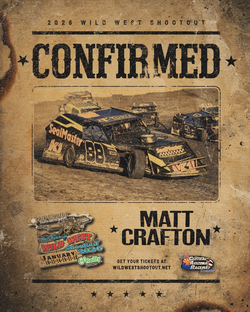 𝗛𝗘𝗔𝗗𝗘𝗗 𝗧𝗢 𝗧𝗛𝗘 𝗗𝗘𝗦𝗘𝗥𝗧! 🔥 3-time NASCAR Truck Series champ Matt Crafton will race in the Modified division at the 2026 #WildWestShootout! 🏁

He’s bringing his experience &amp; national spotlight to Arizona this January!

🎟️Tickets &amp; Info: WildWestShootout.net