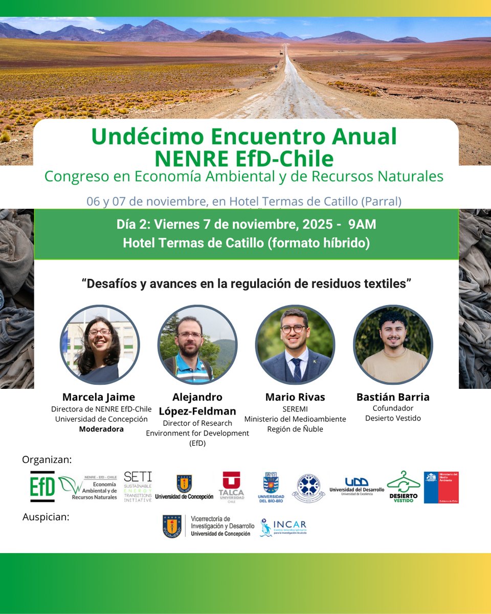 #AgendaUdeC 𝗨𝗻𝗱𝗲́𝗰𝗶𝗺𝗼 𝗘𝗻𝗰𝘂𝗲𝗻𝘁𝗿𝗼 𝗔𝗻𝘂𝗮𝗹 𝗱𝗲 𝗡𝗘𝗡𝗥𝗘 𝗘𝗳𝗗-𝗖𝗵𝗶𝗹𝗲🌱

📅6 y 7 de noviembre de 2025
📍Parral
📡formato híbrido

🤝Organizado por el Programa NENRE EfD-Chile de VRID UdeC, en colaboración con la red internacional del mismo nombre.-&gt;