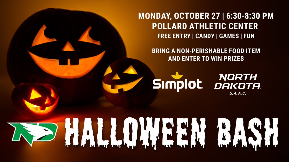 Halloween Bash presented by Simplot is just days away!

🗓Monday, October 27
📍Pollard Athletic Center
⏰6:30 - 8:30 PM
🎟️Free
🎃Games
🎃Candy
🎃Hang out with your favorite Fighting Hawks student-athletes
🥫Bring a non-perishable food item to donate

#UNDproud