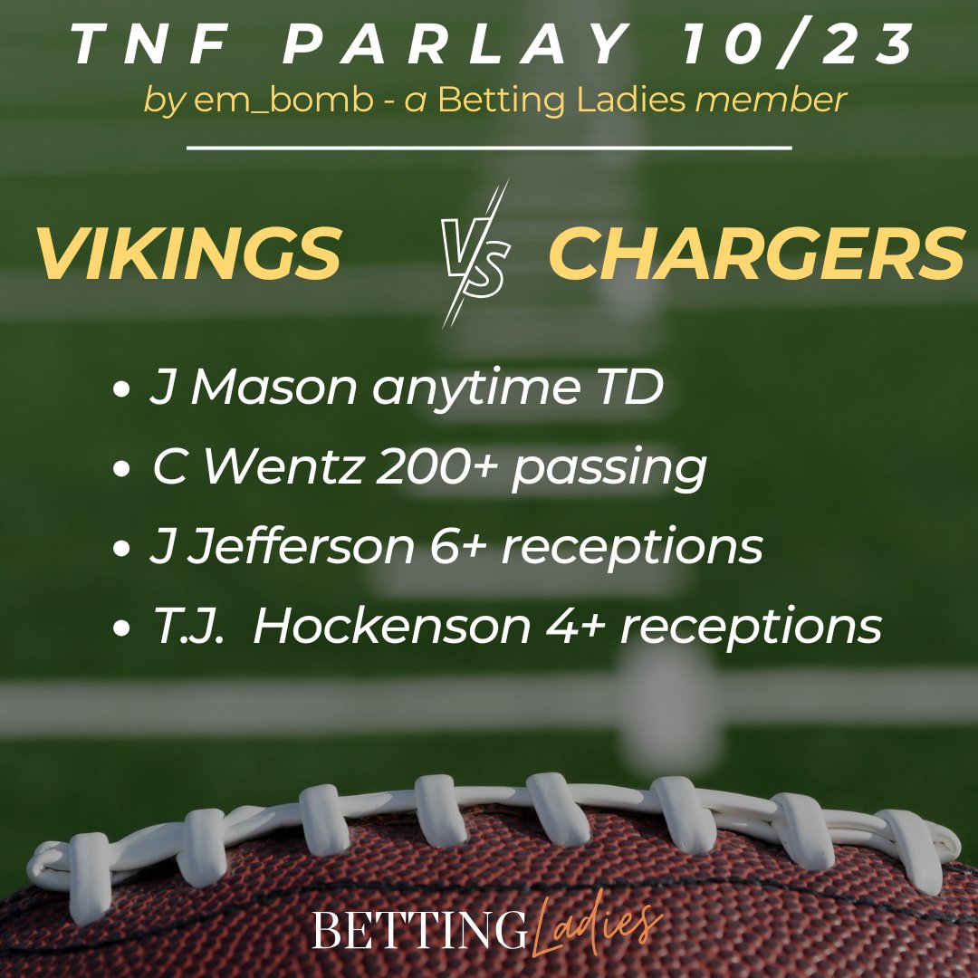 BettingLadies's tweet photo. Need inspiration for tomorrow's game? 

Mason anytime td
Wentz 200+ passing
Jefferson 6+ receptions
Hockenson 4+ receptions

Wentz is officially starting at QB. Jones Sr. (RB) has been designated to return from IR and could play; Jordan Mason has been reliable
#sportsbetting https://t.co/focYcegKfz