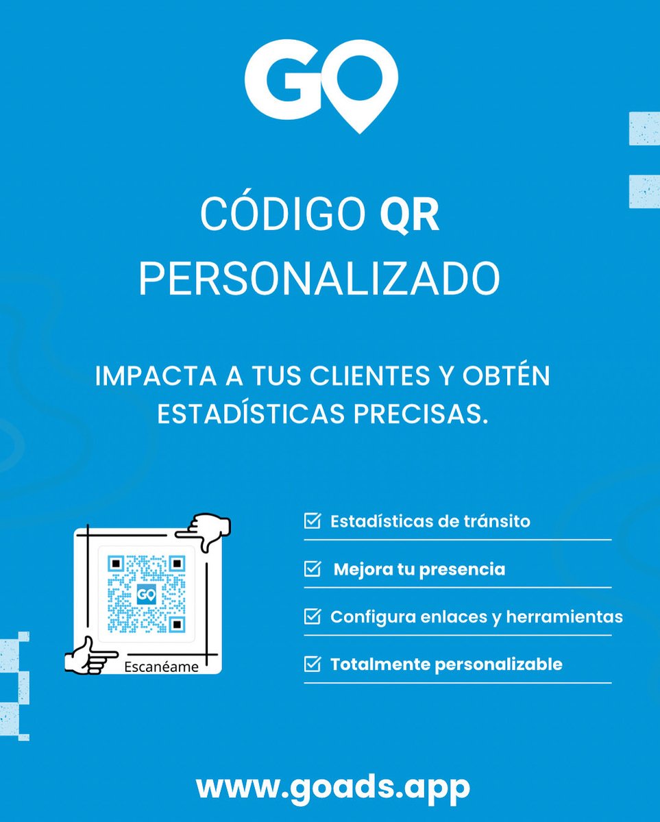 GoAdsapp_'s tweet photo. Lleva lo físico a lo digital con QRs dinámicos de GO Ads.
Personaliza (logo/colores) y mide resultados 📊.
Tipos: Web, WhatsApp, Maps, PDF/menú, App, vCard, Wi-Fi, Cupón/Evento.
Enlace editable sin reimprimir.
👉 https://t.co/qRR90joQUu | ventas@goads.app
#GOAds #QRcode https://t.co/XvteEosRE1