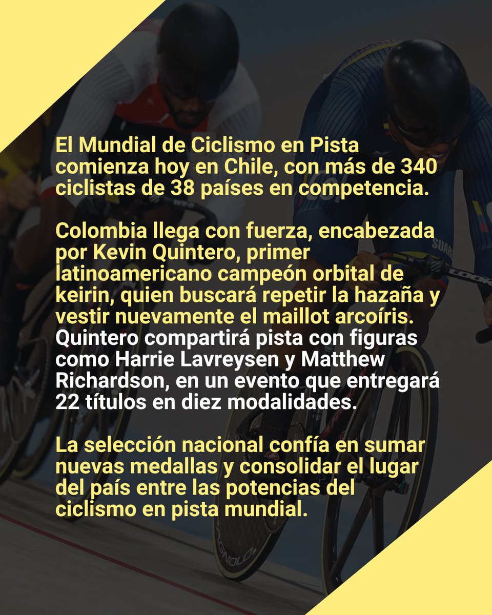 adncolombia's tweet photo. Velocidad, precisión y gloria en cada pedalazo. 🚴‍♂️ El Mundial de Ciclismo en Pista arranca en Chile con figuras que desafían los límites. #Ciclismo #MundialDePista #KevinQuintero #adndeportes 

📍Conoce más en https://t.co/wE6PQAwKiF https://t.co/V5AsgtNKou