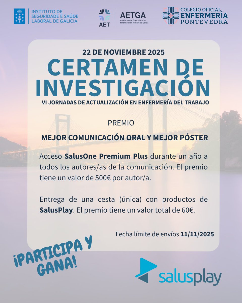📢 ¿Tienes una investigación o proyecto innovador en #EnfermeríaDelTrabajo?
¡Preséntalo al Certamen de Investigación AETGa 2025! 🧠🏆

🗓 Fecha límite: 11 nov 2025
📄 Bases: enfermeriadeltrabajo.com/wp-content/upl…

💙 AETGa, impulsando la investigación en #SaludLaboral