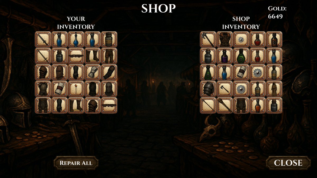 on Chains on Sand (releases Oct 28th) after you get your freedom back, you are allowed to go to town to shop. You can repair, sell and buy itens, and may even spot some magical weapons and armor in the Shop stocks!