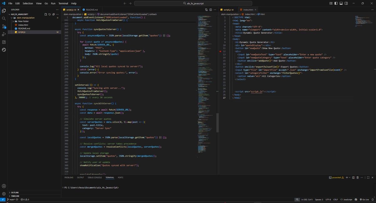 nkeiruka_iweala's tweet image. Day 39 of #100DaysOfCode 💻
Upgraded my Dynamic Quote Generator with real-time sync
Takeaway: Data syncing is key to building reliable web apps.
Challenge: Debugging was a hassle
#DevCommunity #JavaScript #WebDev #CodingJourney